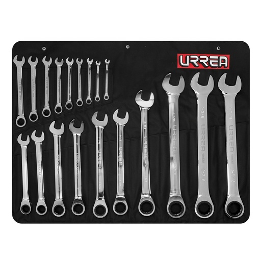 [HC136410] URREA JGO 19 LLAVES COMBINADAS1202CM  MATRACA PULG