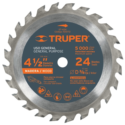 [HC136579] TRUPER DISCO ST-424 4-1/2"X3/8"SIERRA P/MADERA 24DTS