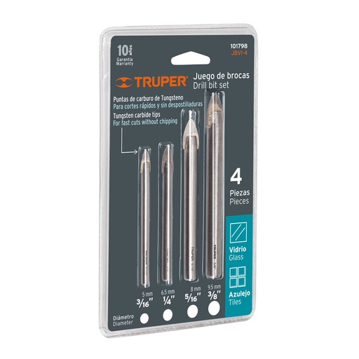 [HC152201] TRUPER JGO BROCAS P/VIDRIO    4PZ 3/16"-3/8"