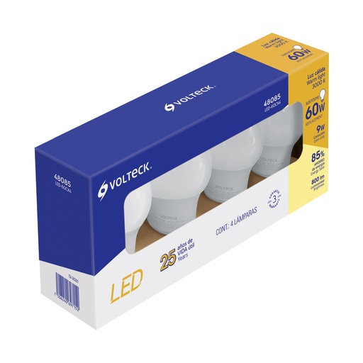 [HC155467] VOLTECK PAQ 4 LAMPARAS LED    9W LUZ CALIDA T/BULBO LED-60CX
