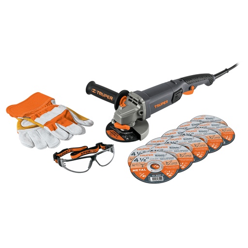 [HC139808] TRUPER COMBO MINI ESMERILADORA4-1/2" 950W GUANTES,LENTE,DISC