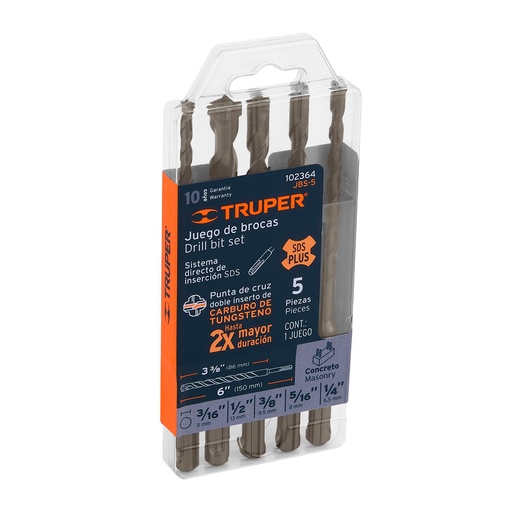 [HC159431] TRUPER JGO BROCAS P/CONCRETO  SDS PLUS 5PZ 3/16"-1/4"