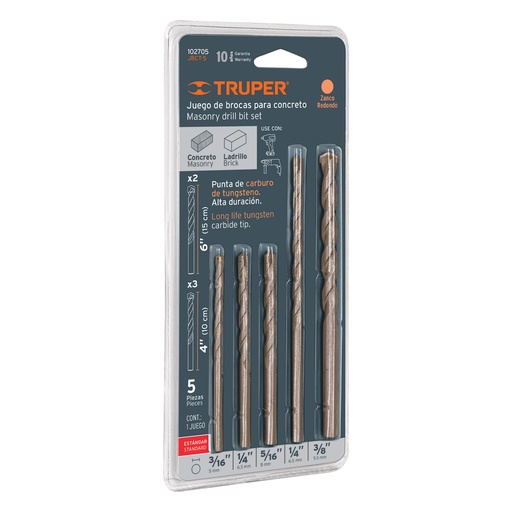 [HC159182] TRUPER JGO BROCAS P/CONCRETO  5PZ 3/16"-3/8"