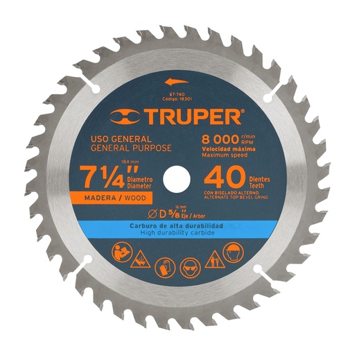 [H208650] TRUPER DISCO SIERRA CIRCULAR  7-1/4" 40DTESX5/8" ST-740