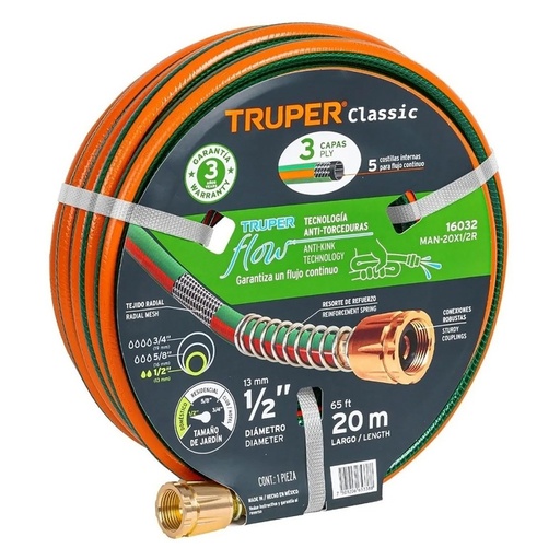 [H052888] TRUPER MANGUERA 3 CAPAS MAN-20X1/2R20M CONEX LATON 1/2