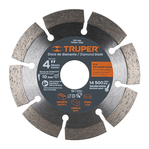 [H051585] TRUPER DISCO DDT-832D 4" RIN SEGMENTADO CORTES RAPIDOS
