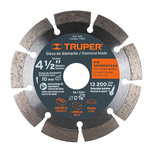 [H051586] TRUPER DISCO DDT-829D 4 1/2" RIN SEGMENTADO CORTES RAPIDOS