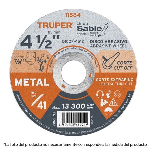 [HC43051] TRUPER DISCO DICOF-4516 1.6MM 4 1/2P/METAL CORTE EXTRAFINO